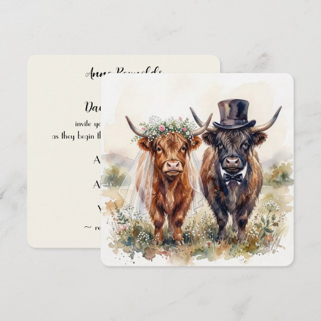 Wedding Bride and Groom Highland Cows Invitation (Front/Back)
