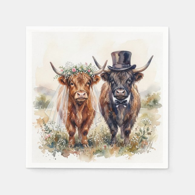 Wedding Bride and Groom Highland Cows Napkins (Front)