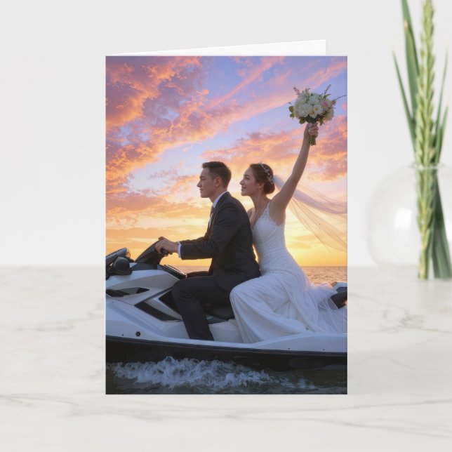 Wedding Bride and Groom on a Jet Ski Card (Front)
