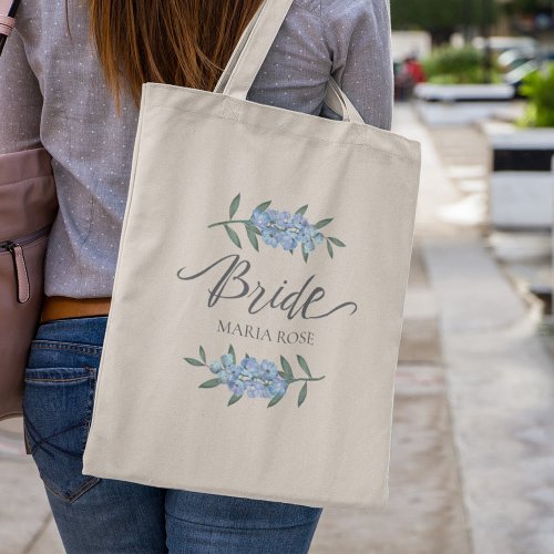 Wedding Bride Blue Botanical Floral Personalized Tote Bag