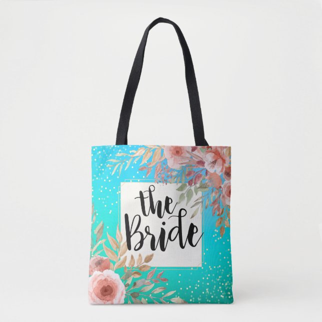 Wedding Bride Elegant Pink Floral Teal Gold Dots Tote Bag (Front)
