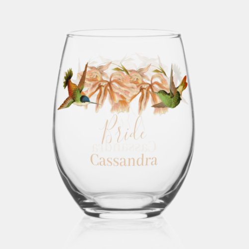 Wedding Bride Gift Hummingbird Watercolor  Stemless Wine Glass