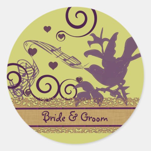 Wedding Bride  Groom Bird Swirl Purple  Lime Classic Round Sticker