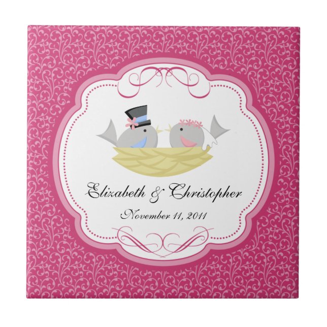 Wedding Bride Groom Birds Keepsake Tiles Pink (Front)
