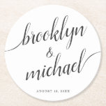 Wedding Bride & Groom Handwritten Calligraphy Round Paper Coaster<br><div class="desc">Wedding coasters with modern handwritten script text. The swash accents are images that cannot be edited,  but they can moved,  resized,  or rotated to align perfectly with your names in the advanced Customize mode. Background color of your choice available in advanced mode.</div>