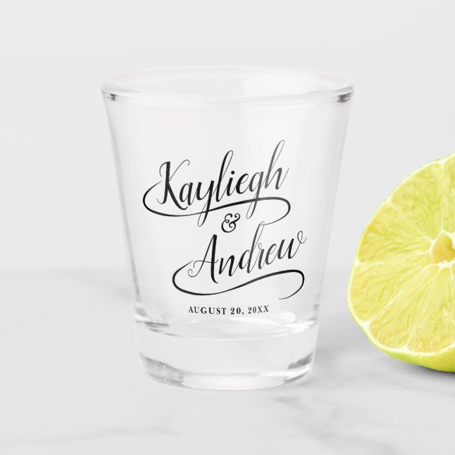 Wedding Bride & Groom Handwritten Calligraphy Shot Glass (Front)