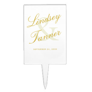 Wedding Bride & Groom in Elegant Gold Script Cake Topper
