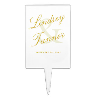 Wedding Bride & Groom in Elegant Gold Script Cake Topper