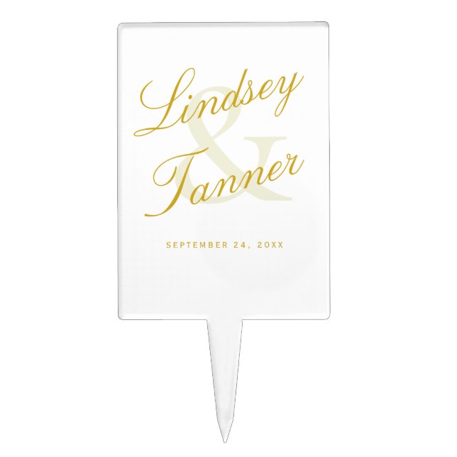 Wedding Bride & Groom in Elegant Gold Script Cake Topper (Front)