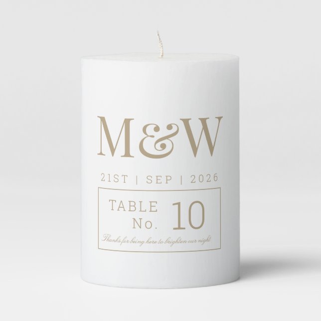 Wedding Bride Groom Monogram Table Number Pillar Candle (Front)