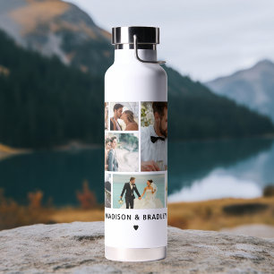 WEDDING Bride & Groom Multi Photo Collage Modern Water Bottle