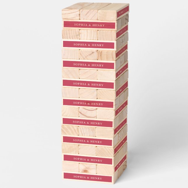 Wedding Bride Groom Name Date Magenta Topple Tower (Assembled)