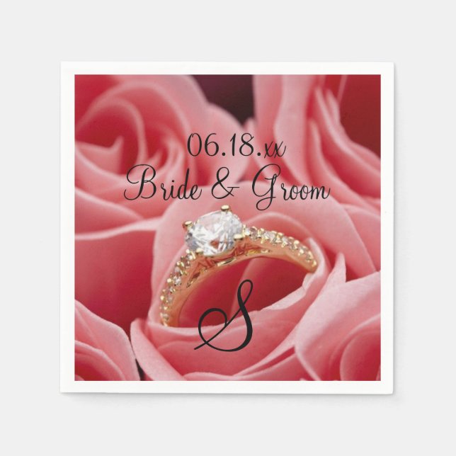 Wedding Bride Groom Name Date Monogram Roses Paper Napkins (Front)