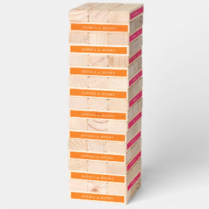 Wedding Bride Groom Name Date Orange Pink Topple Tower