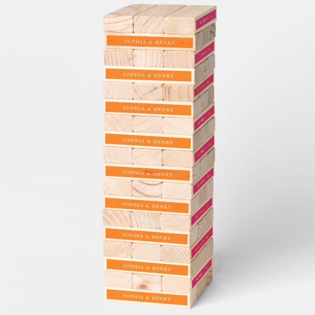 Wedding Bride Groom Name Date Orange Pink Topple Tower (Assembled)
