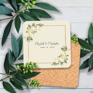 Wedding Bride Groom Names Date Elegant Chic Floral Beverage Coaster
