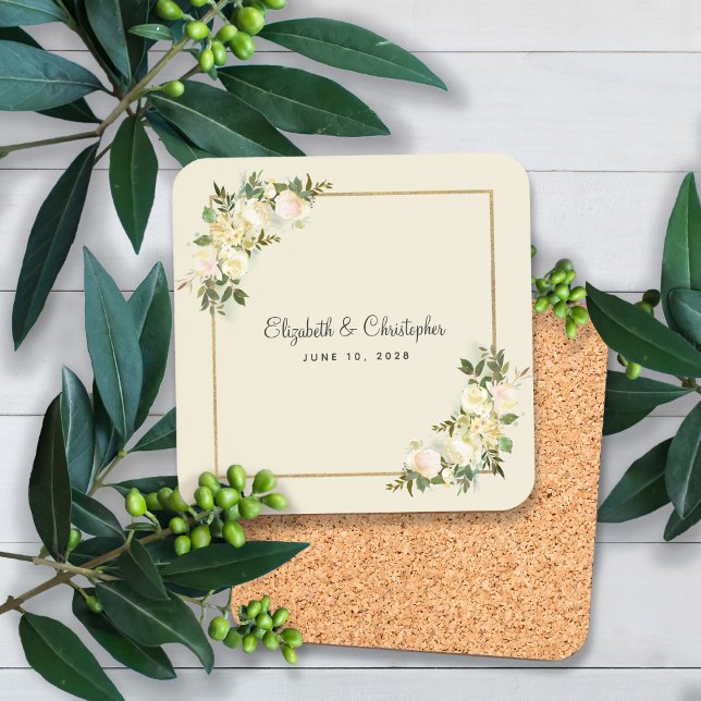 Wedding Bride Groom Names Date Elegant Chic Floral Beverage Coaster (Creator Uploaded)