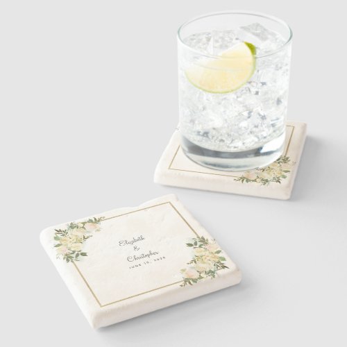 Wedding Bride Groom Names Date Elegant Floral Chic Stone Coaster