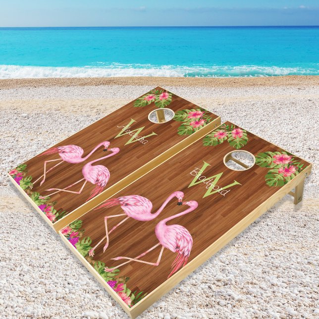 Wedding Bride Groom Names Pink Flamingo Tropical C Cornhole Set (Creator Uploaded)