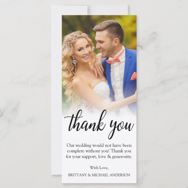 Wedding Bride Groom Photo Black Script Thank You Card (Front)