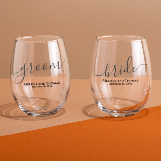 Wedding Bride Groom Script Personalized Stemless Wine Glass (Custom wine glasses with Bride and groom Calligraphy script)