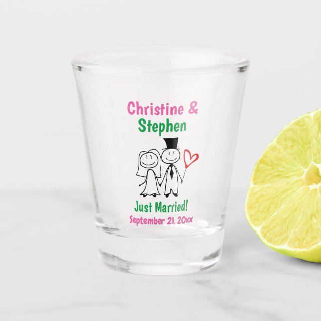 Wedding Bride Groom Stick Figure Cute Cartoon Shot Glass (Front)