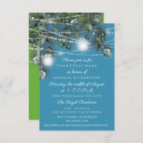 Wedding Bride Lights Jars Rustic Blue Fresh Green Invitation