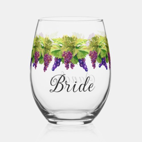 Wedding Bride Monogrammed Name Watercolor Grapes  Stemless Wine Glass