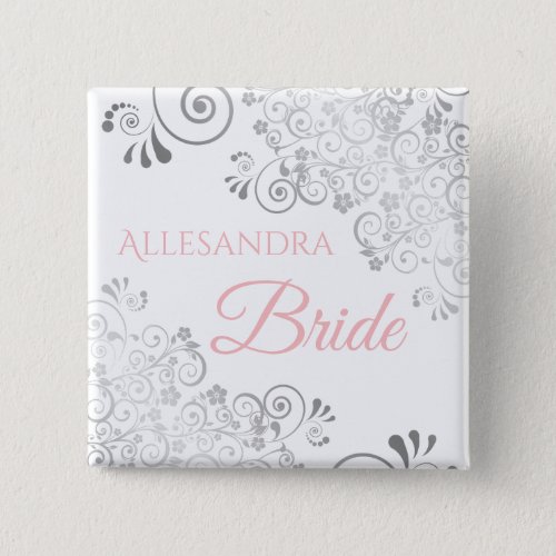 Wedding Bride Name Tag Pink with Gray Frills Button