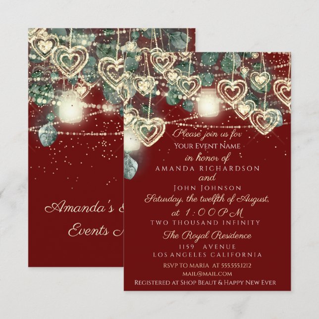 Wedding Bride Rustic Wood Gold Maroon Mint He Invitation (Front/Back)