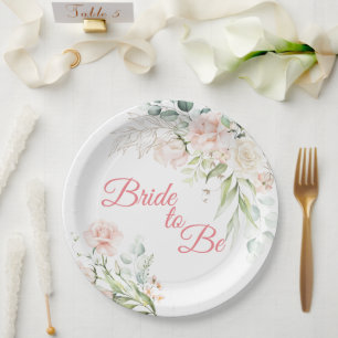 Wedding Bride To Be Floral Elegant Pink Script Paper Plates