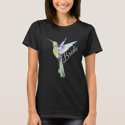 Wedding Bride White Script Boho Hummingbird  T_Shirt