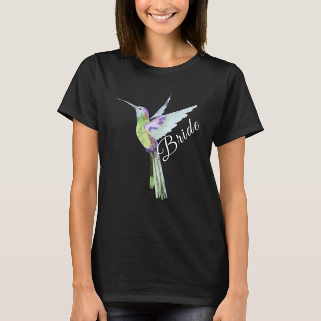 Wedding Bride White Script Boho Hummingbird  T-Shirt (Front)