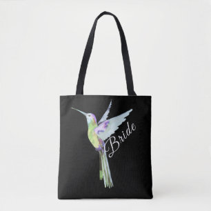 Wedding Bride White Script Boho Hummingbird Tote Bag