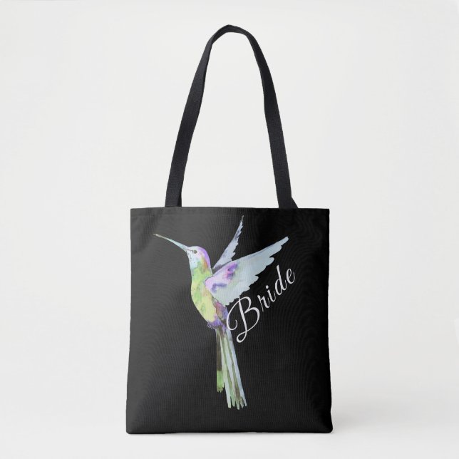 Wedding Bride White Script Boho Hummingbird  Tote Bag (Front)