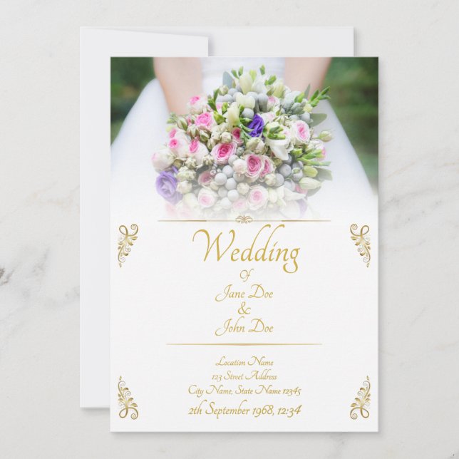 Wedding - bride with colorful wedding bouquet announcement (Front)