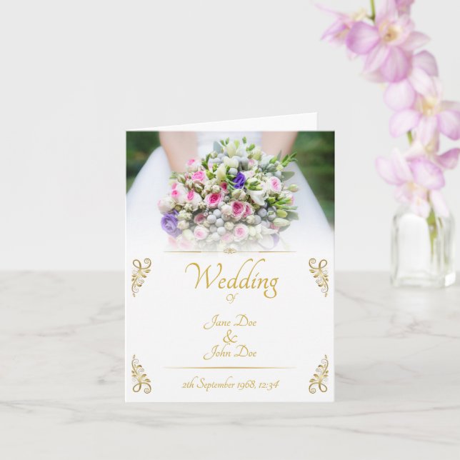 Wedding - bride with colorful wedding bouquet card (Orchid)