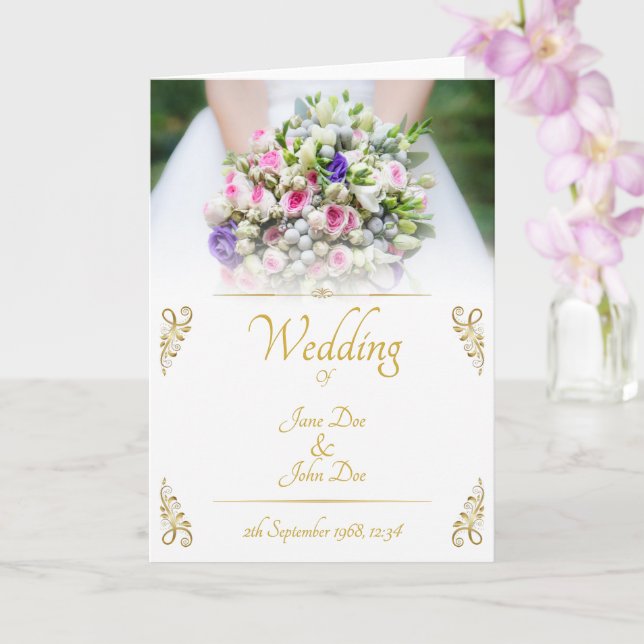 Wedding - bride with colorful wedding bouquet card (Orchid)