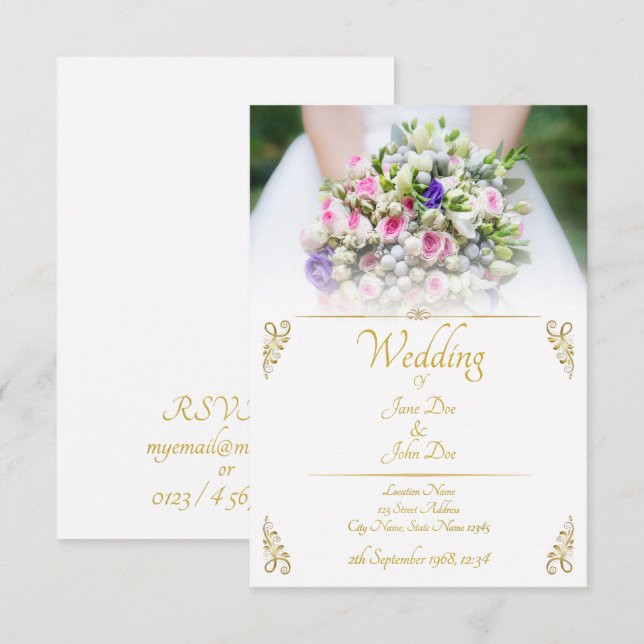 Wedding - bride with colorful wedding bouquet invitation (Front/Back)