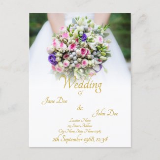 Wedding - bride with colorful wedding bouquet invitation postcard