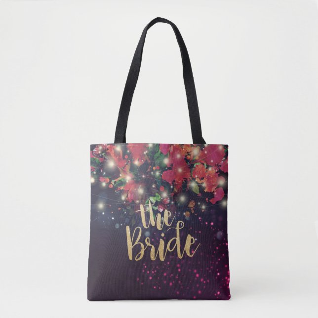 Wedding Brides Burgundy Red Floral String Lights Tote Bag (Front)