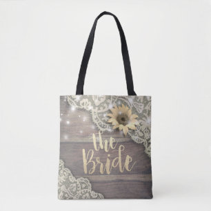 Wedding Brides Lace Sunflower Rustic Wood Lights Tote Bag