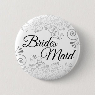 Wedding Brides Maid Button Silver Lacy Curls
