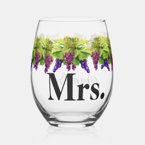 Wedding Brides Mrs  Wife Watercolor Grapes  Stemless Wine Glass