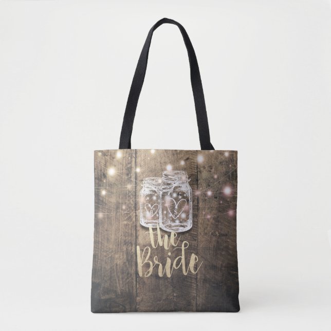 Wedding Brides Rustic Wood Mason Jar String Lights Tote Bag (Front)