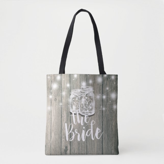Wedding Brides Rustic Wood Mason Jar String Lights Tote Bag (Front)