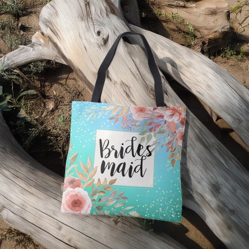 Wedding Bridesmaid Chic Pink Floral Teal Gold Dots Tote Bag