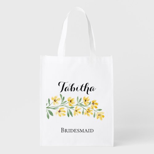 Wedding Bridesmaid custom name yellow flowers Grocery Bag