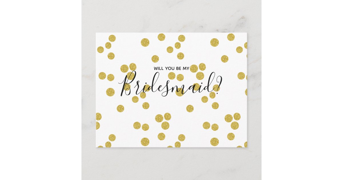 Wedding Bridesmaid | Gold Confetti Script Postcard | Zazzle
