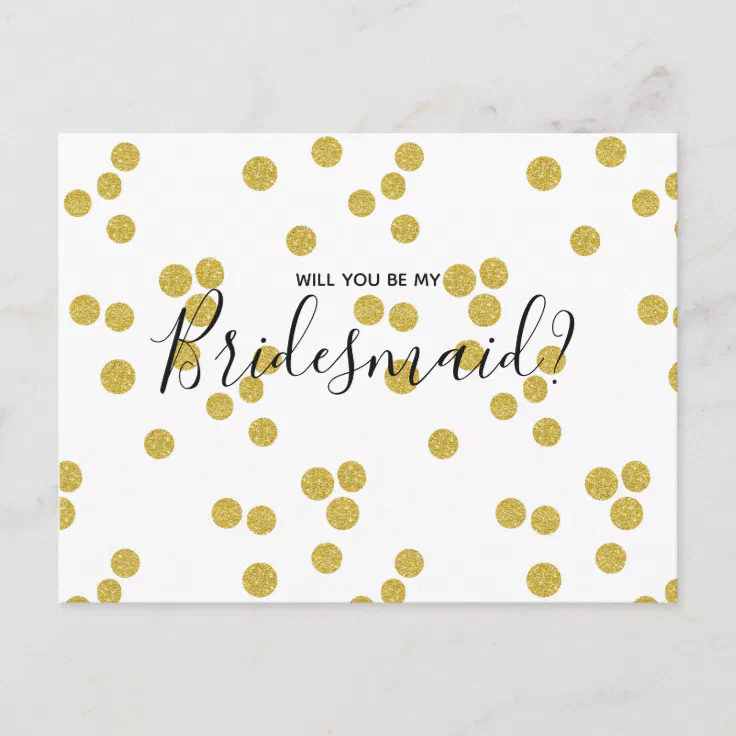 Wedding Bridesmaid | Gold Confetti Script Postcard | Zazzle